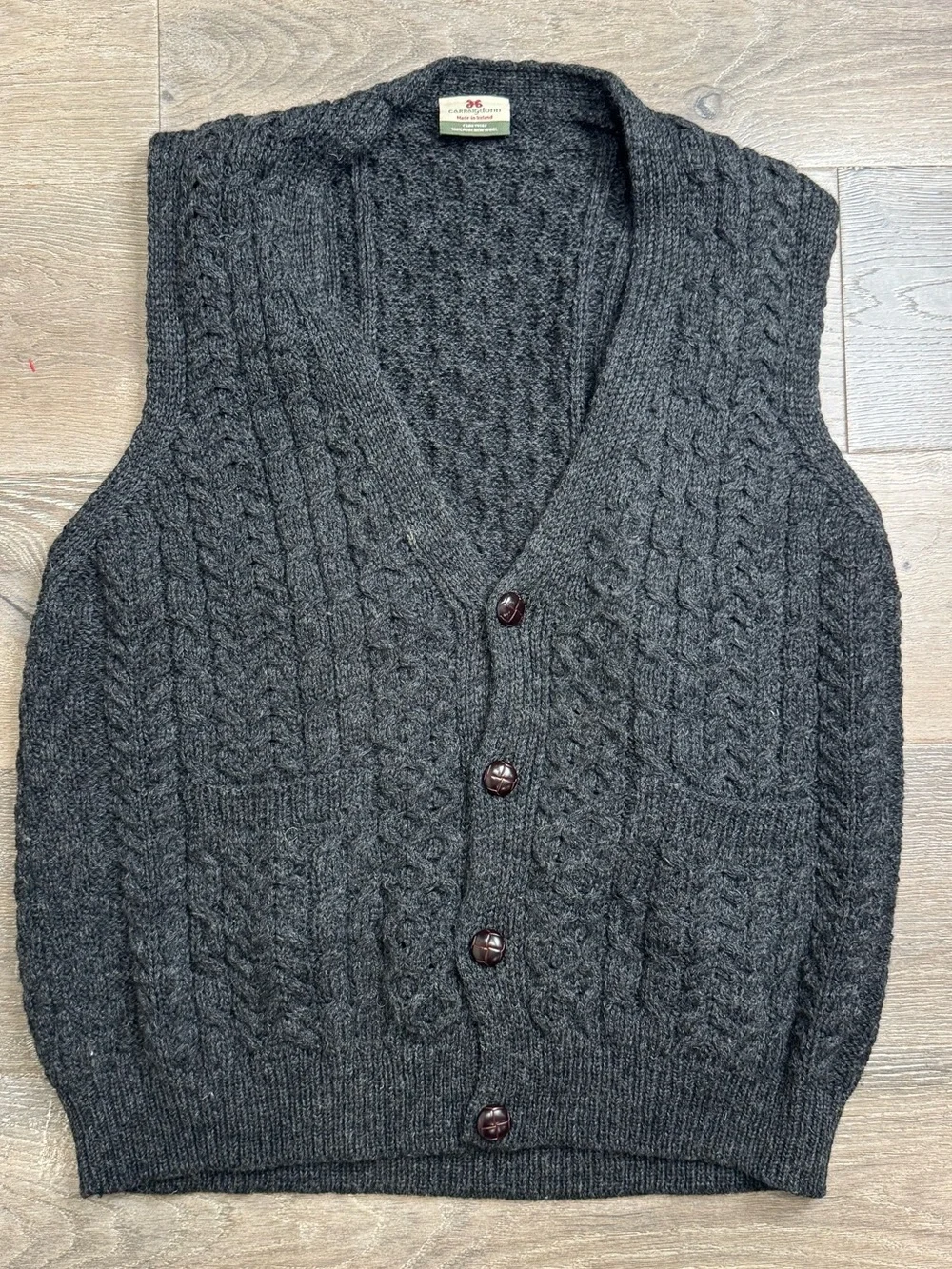 100% Wool made in Ireland Charcoal Cable Knit Vest -Sleeveless Button Front 1081